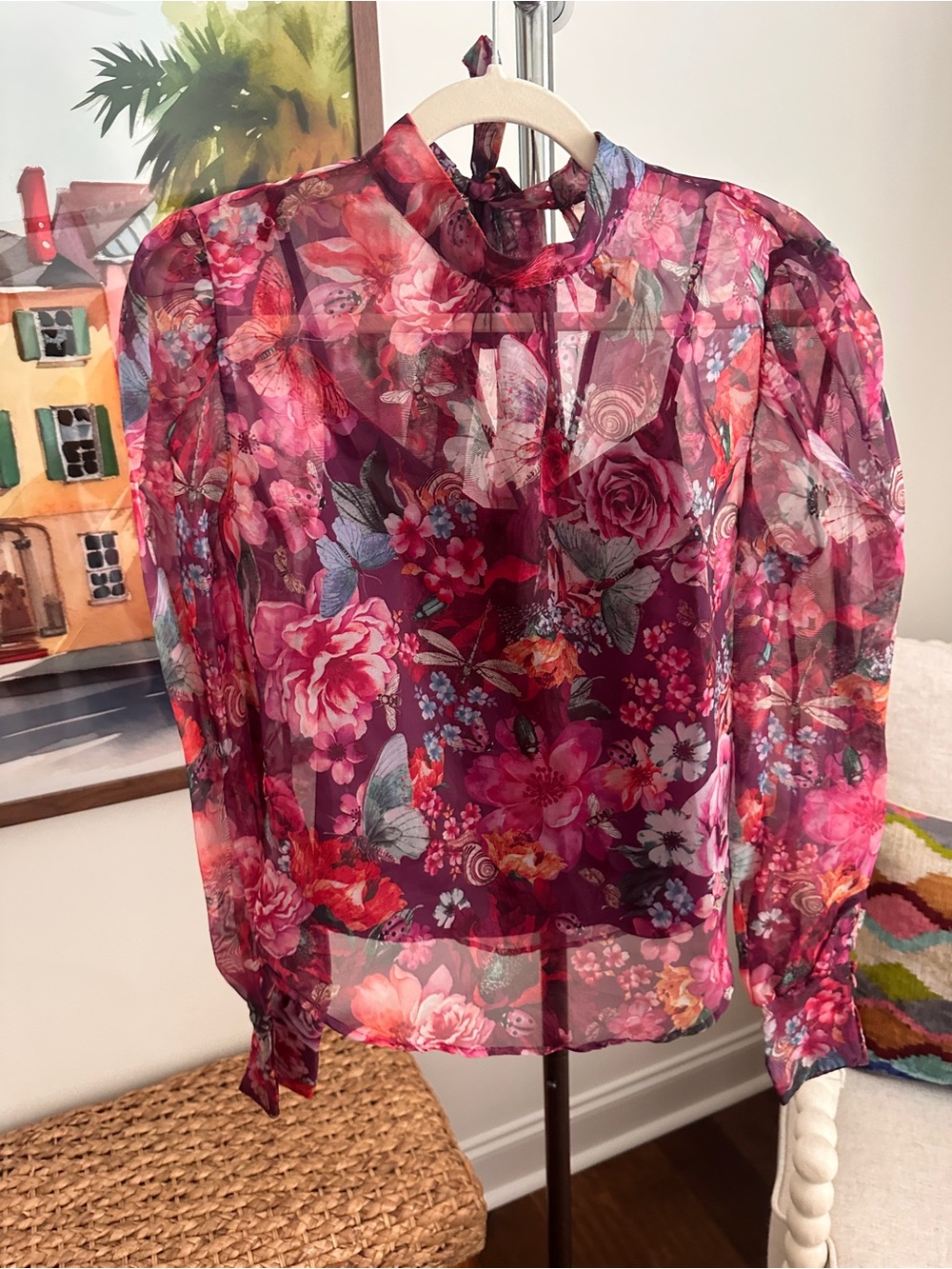 Anthropologie Sheer Floral Tie-Neck Blouse in Berry & Pink Mix